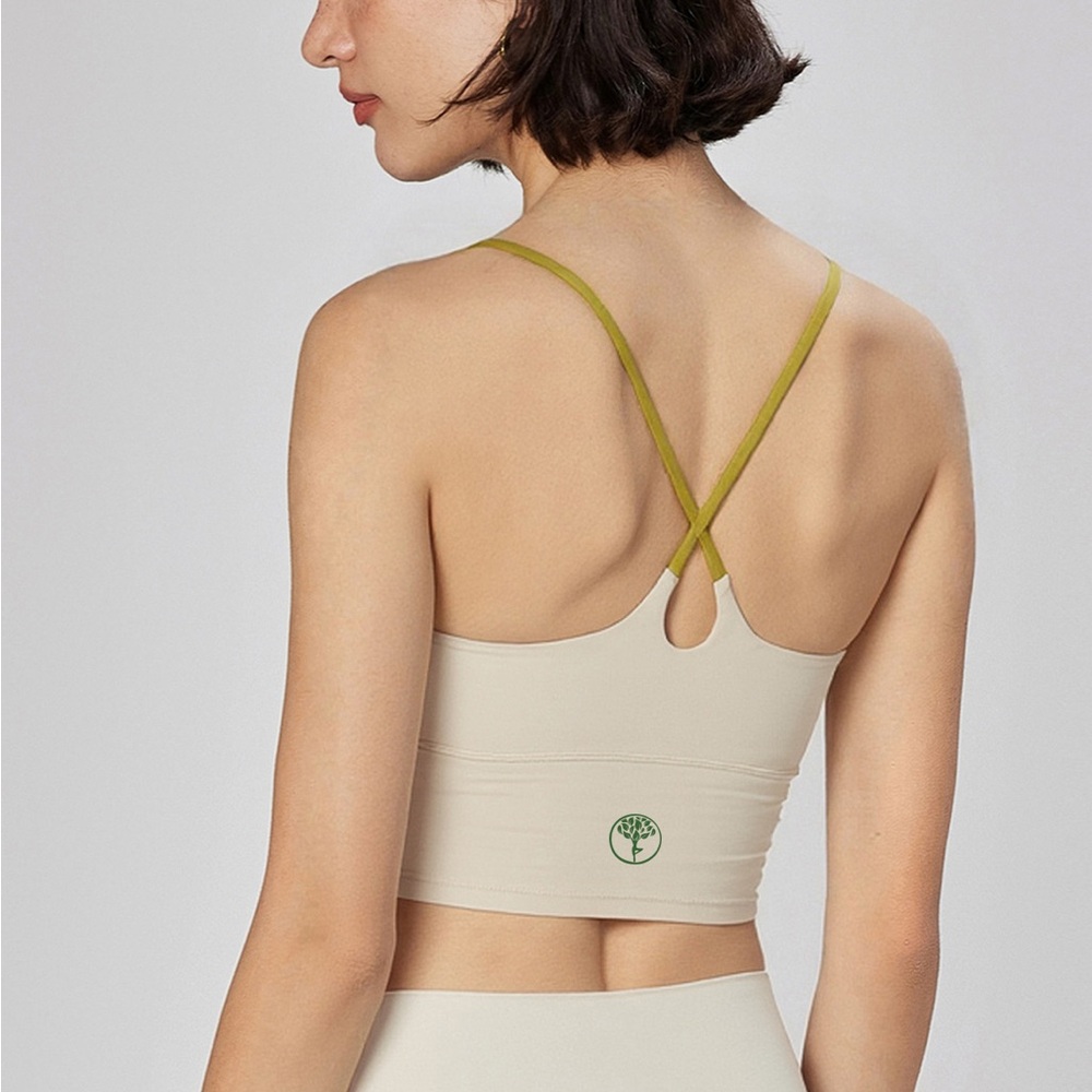 Elegant Beige Sports Bra with Green Straps